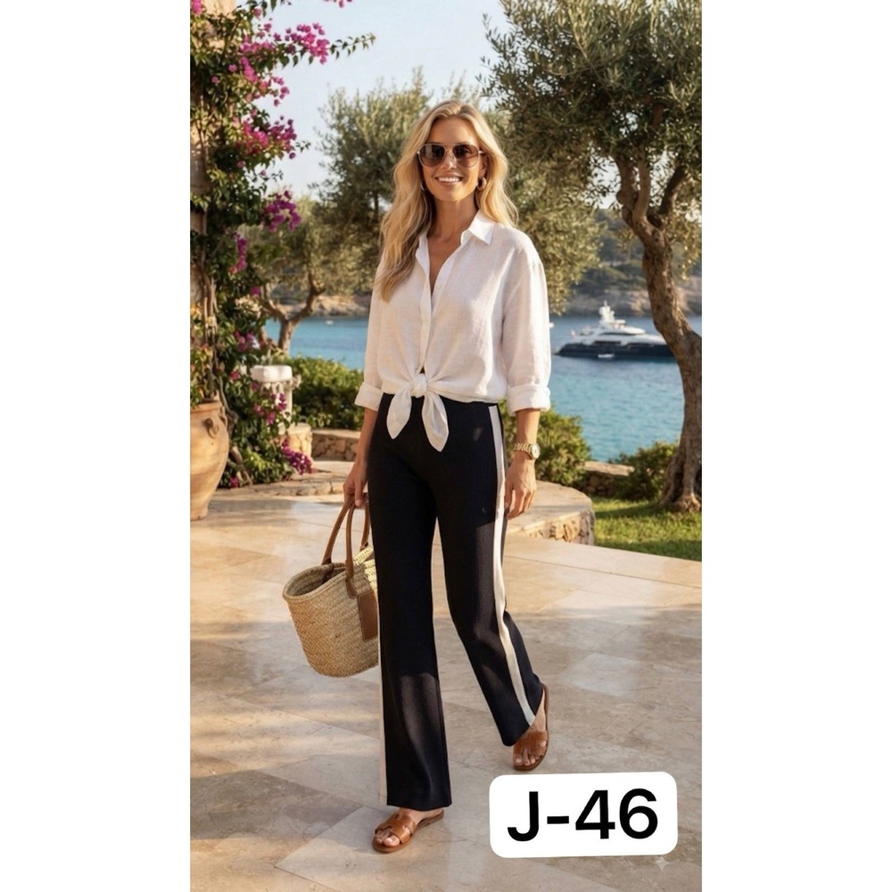 NWT Elan Black Ribbed Knit Wide Leg Track Pants White Side Stripe S SW2338